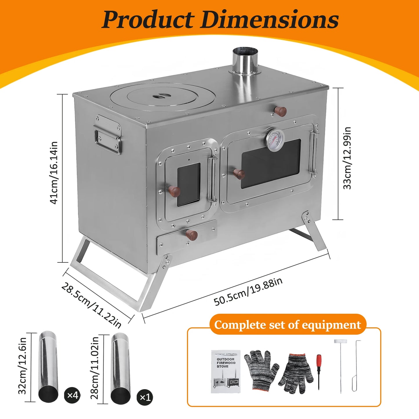 Wood Burning Tent Stove with 4 Chimney Pipe