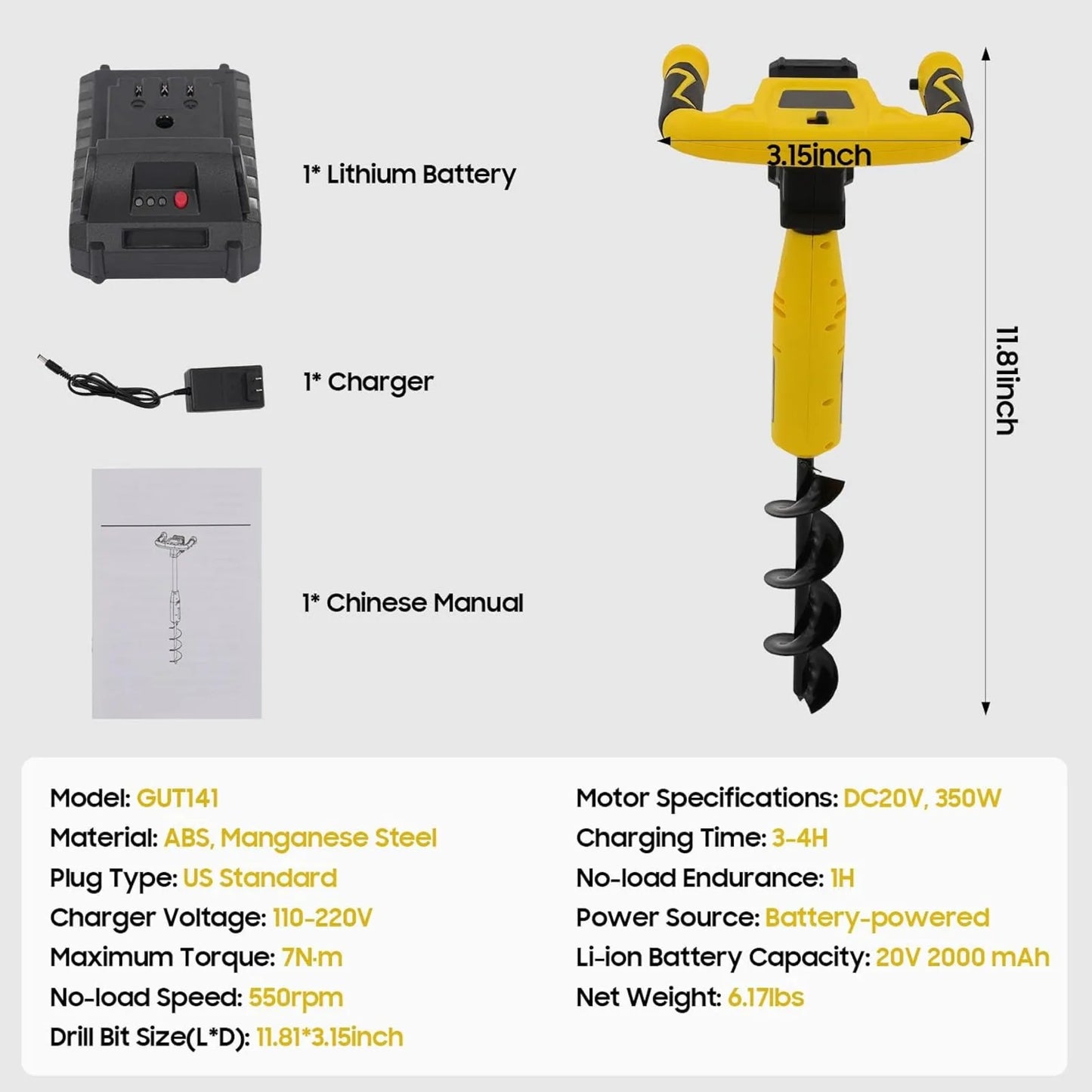 Cordless, 20V Earth Auger Hole Digger W/ Charger