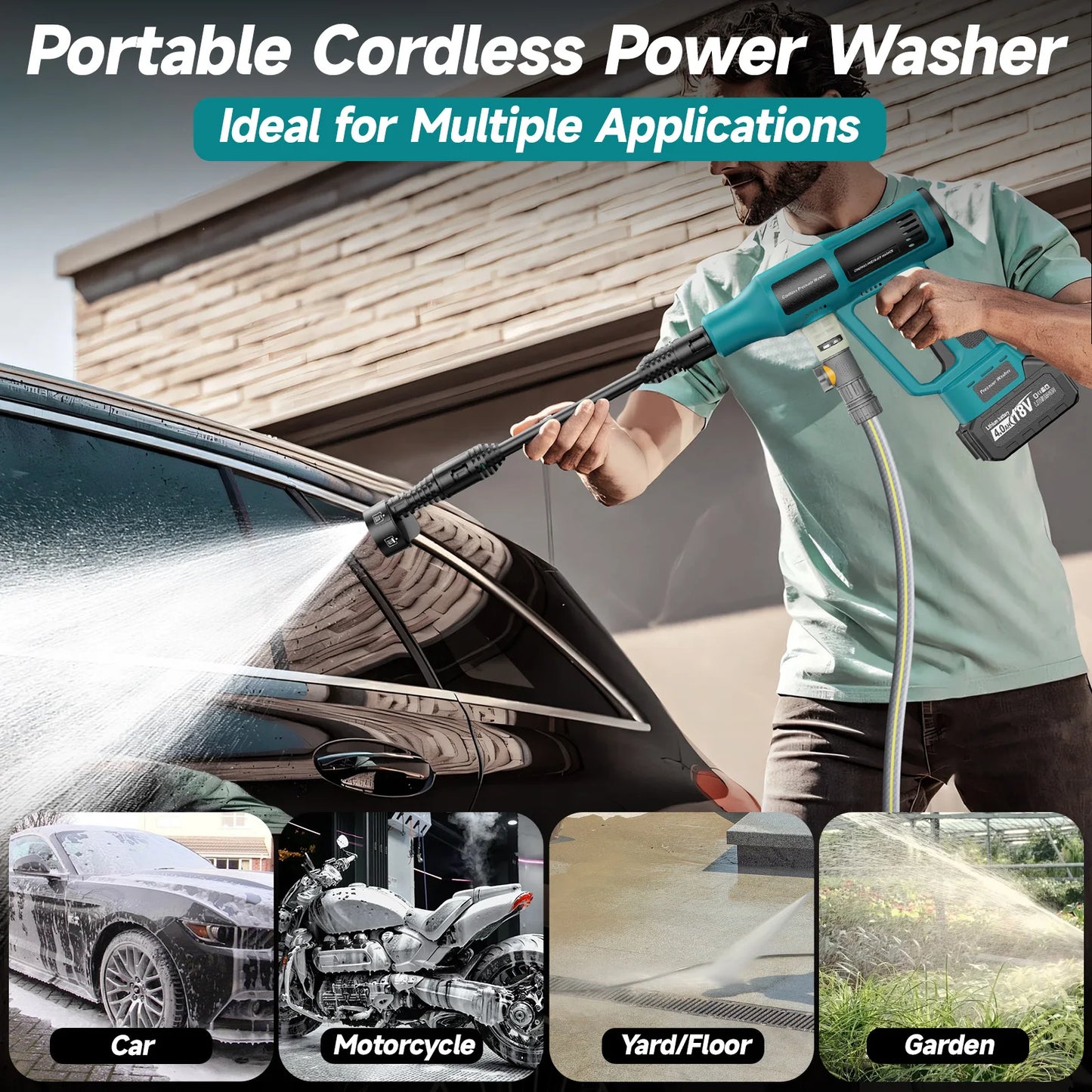 Cordless Pressure Washer with 4.0Ah Battery & Charger for Car