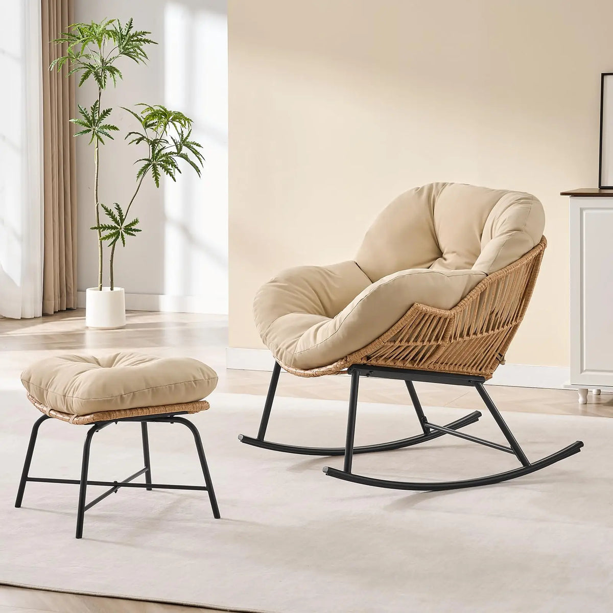 Rattan Papasan Rocking Chair with Ottoman